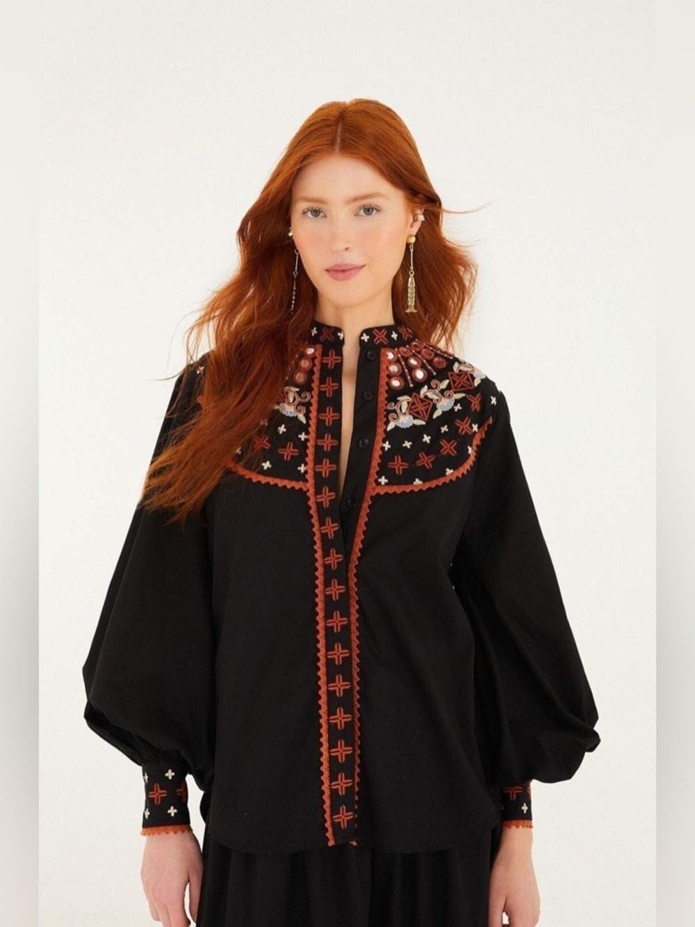 Farm Rio Black Embroidered Buttoned Long Sleeve Shirt - Picture 8 of 10